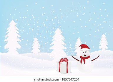 Fondo invernal con muñeco de nieve y árbol de navidad