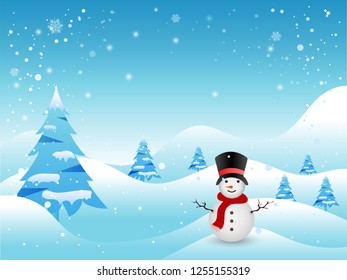 Winter background with snowman and christmas trees.