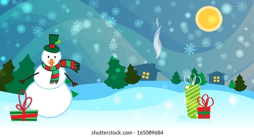 Winter Background with a Snowman and Snow