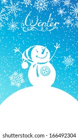 Winter background. Snowman and snowflakes. Hand-written text. There are places for your text in the sky and on the Earth. All objects are on separate layers for easy edit. EPS 8. 