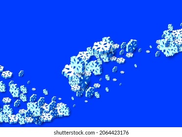 Fondo invernal con tormenta de nieve y copos de nieve rociados para las vacaciones de Nochevieja o tarjeta de saludo de Navidad abstracta. Vector isométrico 3D Formas de copo de nieve Xmas.