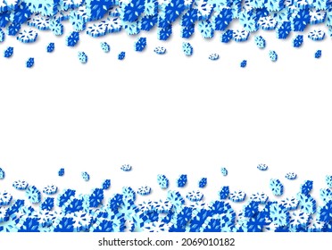 Winter background with snowstorm and sprayed snowflakes for New Years Eve holidays or abstract Christmas greeting card. 3D isometric vector Xmas snowflake shapes.