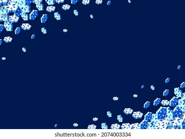 Fondo invernal con tormenta de nieve y copos de nieve rociados para las vacaciones de Nochevieja o tarjeta de saludo de Navidad abstracta. Vector isométrico 3D Formas de copo de nieve Xmas.
