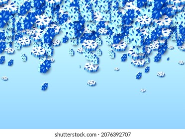 Winter background with snowstorm and sprayed snowflakes for New Years Eve holidays or abstract Christmas greeting card. 3D isometric vector Xmas snowflake shapes.