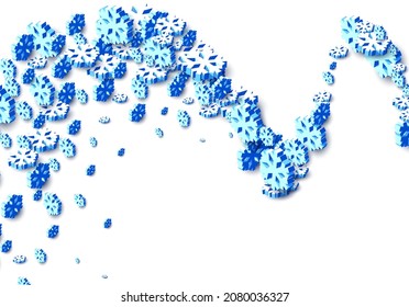 Winter background with snowstorm and sprayed snowflakes for New Years Eve holidays or abstract Christmas greeting card. 3D isometric vector Xmas snowflake shapes.