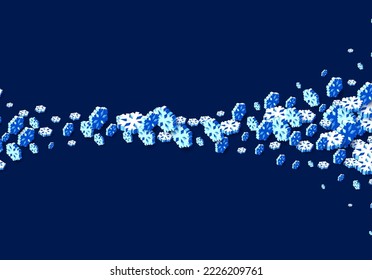 Winter background with snowstorm and sprayed snowflakes for New Years Eve holidays or abstract Christmas greeting card. 3D isometric vector Xmas snowflake shapes.