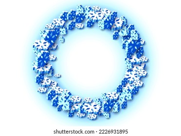 Winter background with snowstorm and sprayed snowflakes for New Years Eve holidays or abstract Christmas greeting card. 3D isometric vector Xmas snowflake shapes.