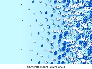 Winter background with snowstorm and sprayed snowflakes for New Years Eve holidays or abstract Christmas greeting card. 3D isometric vector Xmas snowflake shapes.
