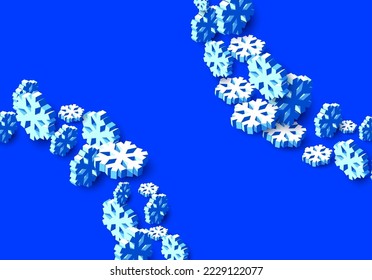 Winter background with snowstorm and sprayed snowflakes for New Years Eve holidays or abstract Christmas greeting card. 3D isometric vector Xmas snowflake shapes.