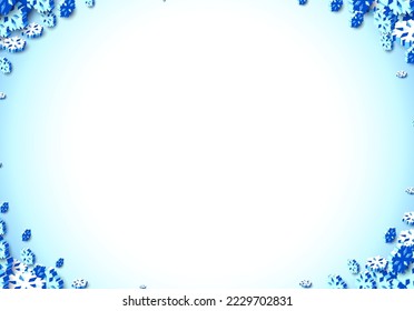 Winter background with snowstorm and sprayed snowflakes for New Years Eve holidays or abstract Christmas greeting card. 3D isometric vector Xmas snowflake shapes.