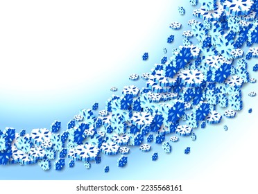 Winter background with snowstorm and sprayed snowflakes for New Years Eve holidays or abstract Christmas greeting card. 3D isometric vector Xmas snowflake shapes.