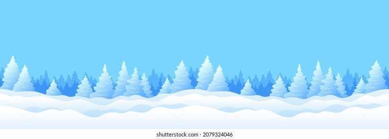 Winter background with snowy fir trees and snowdrifts in cold blue colors, seamless horizontal pattern for holiday design