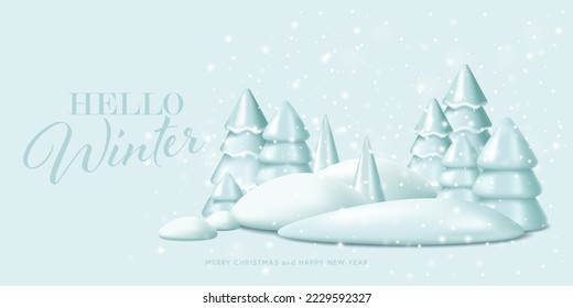 Winter background with snowy landscape and Christmas trees. Vector illustration in cartoon 3D style