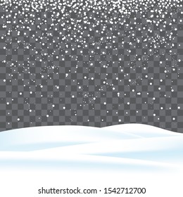Winter background, snowy landscape on transparent background, vector illustration.