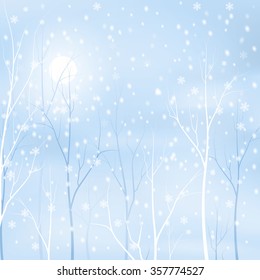 winter background - snowy trees and sun, vector illustration