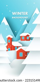Winter background with snowy village vector illustration in paper cut craft art origami style. Christmas landscape postcard with wonderland valley and cozy houses under snow design template