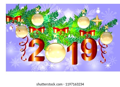 Winter background with spruce branches and red baubles. Christmas
