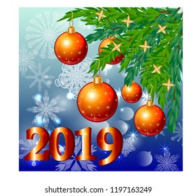 Winter background with spruce branches and red baubles. Christmas