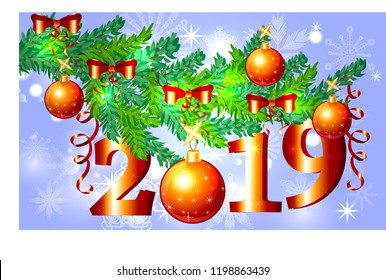 Winter background with spruce branches and red baubles. Christmas