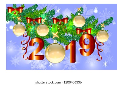 Winter background with spruce branches and red baubles. Christmas