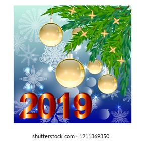 Winter background with spruce branches and red baubles. Christmas