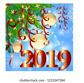 Winter background with spruce branches and red baubles. Christmas