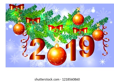 Winter background with spruce branches and red baubles. Christmas