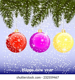 Winter background with spruce twigs and color baubles. Christmas vector illustration