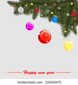 Winter background with spruce twigs and color baubles. Christmas vector illustration