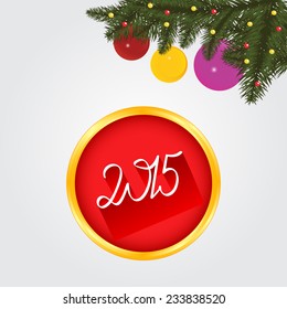 Winter background with spruce twigs and color baubles. Christmas vector illustration