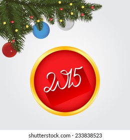 Winter background with spruce twigs and color baubles. Christmas vector illustration