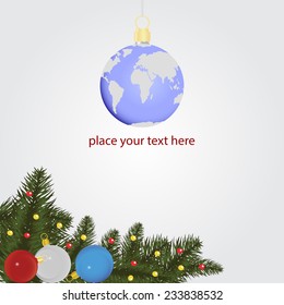 Winter background with spruce twigs and color baubles. Christmas vector illustration