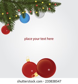 Winter background with spruce twigs and color baubles. Christmas vector illustration