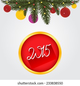 Winter background with spruce twigs and color baubles. Christmas vector illustration
