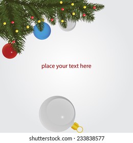 Winter background with spruce twigs and color baubles. Christmas vector illustration