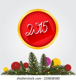 Winter background with spruce twigs and color baubles. Christmas vector illustration