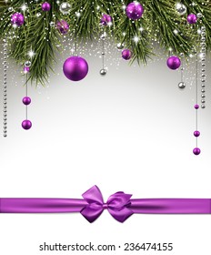 Winter background with spruce twigs and purple baubles. Christmas vector frame. Eps10. 