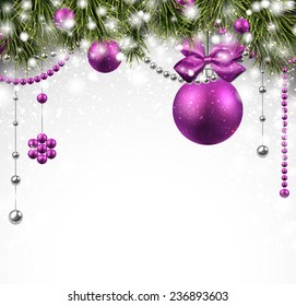 Winter background with spruce twigs and purple baubles. Christmas vector illustration. Eps10. 