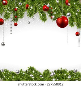 Winter background with spruce twigs and red baubles. Christmas vector frame. Eps10. 