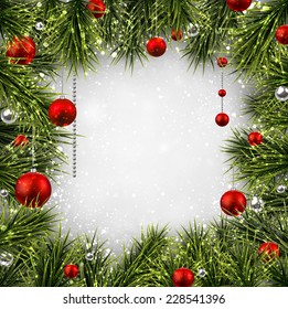 Winter background with spruce twigs and red baubles. Christmas vector frame. Eps10. 