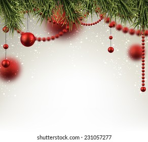 Winter background with spruce twigs and red baubles. Christmas vector illustration. Eps10. 