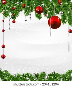Winter background with spruce twigs and red baubles. Christmas vector frame. Eps10. 
