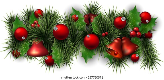 Winter background with spruce twigs and red baubles. Christmas vector illustration. Eps10. 