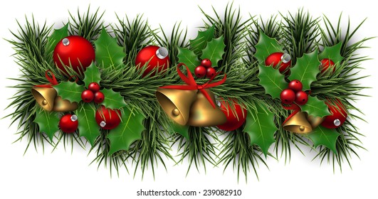 Winter background with spruce twigs and red baubles. Christmas vector illustration. Eps10. 