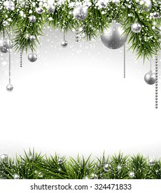 Winterhintergrund mit Fichtenzweigen und silbernen Bausteinen. Weihnachtsvektorrahmen mit Platz für Text.