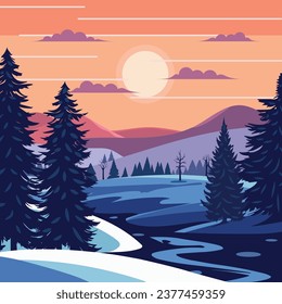 Winter background square composition. Square post winter landscape. Winter view background. Vector illustration.