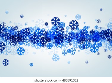 Fondo invernal con tira de copos de nieve azules. Ilustración vectorial.