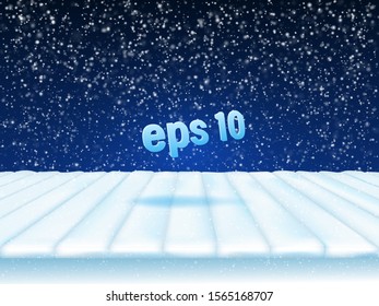 Winter background. Winter studio with a podium made of snow-covered boards to present your product. Vector illustration.