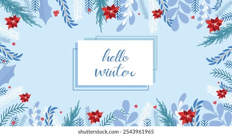 Illustration einer Winter-Hintergrundvorlage. Banner schneebedeckte Winterzweige. Hallo Winter. Rahmen. Vektorgrafik