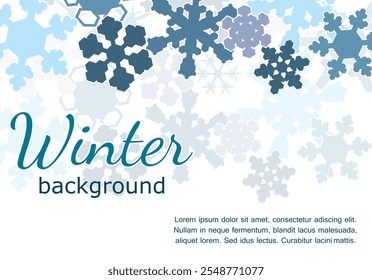 winter background template. minimalistic card with blue silhouettes of different snowflakes on white background. horizontal vector illustration for backdrop, greeting, invitation, poster, banner